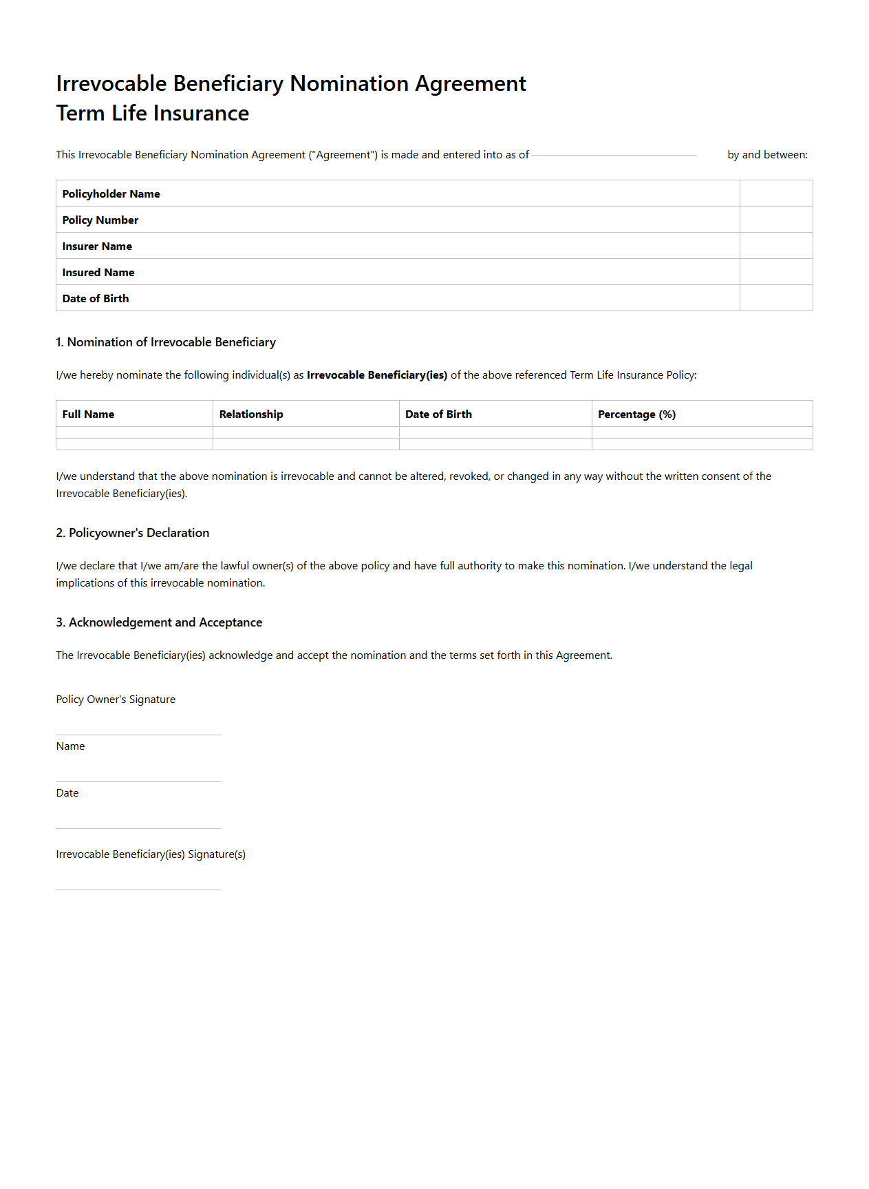 Irrevocable Beneficiary Nomination Agreement for Term Life Insurance