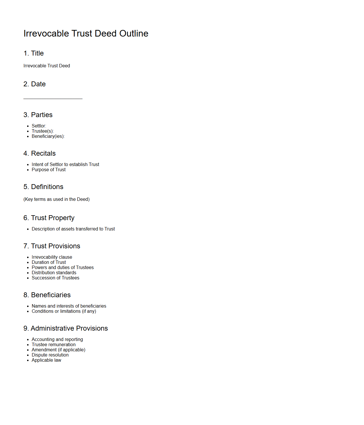 Irrevocable Trust Deed Outline