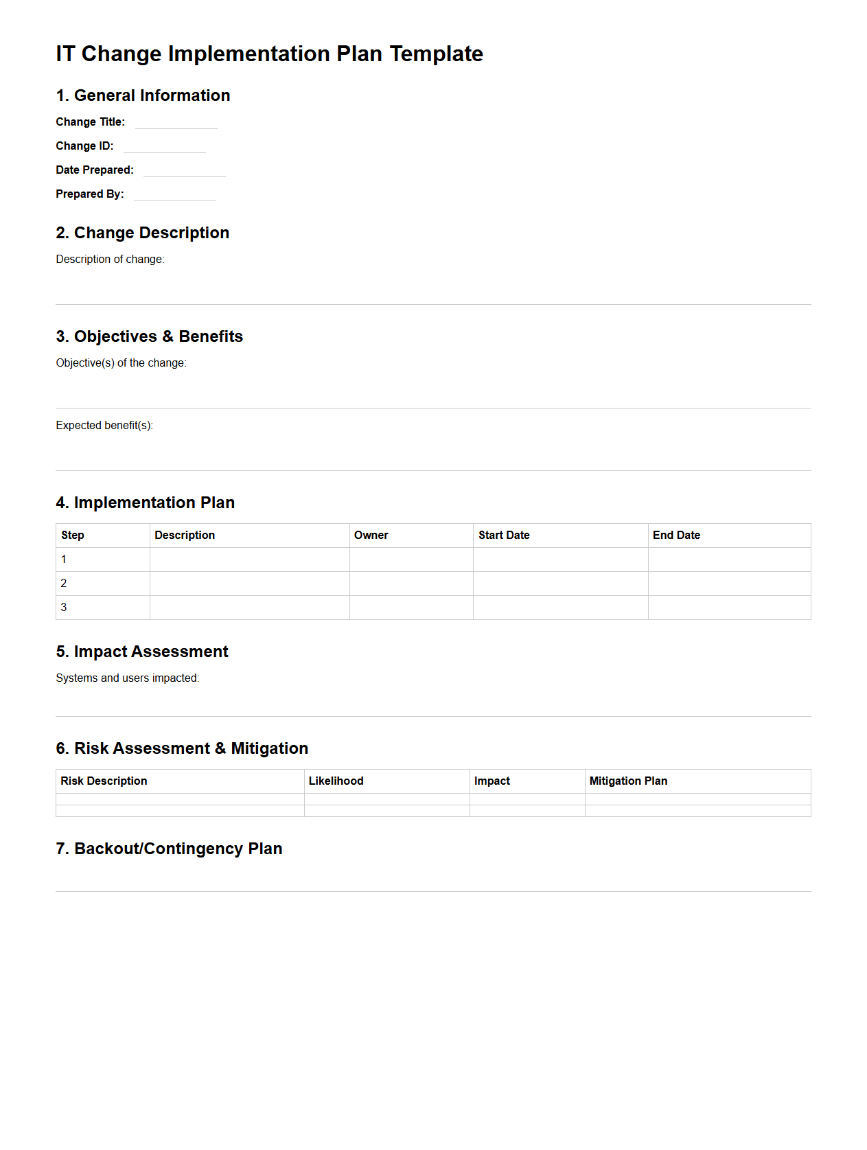 IT Change Implementation Plan Template
