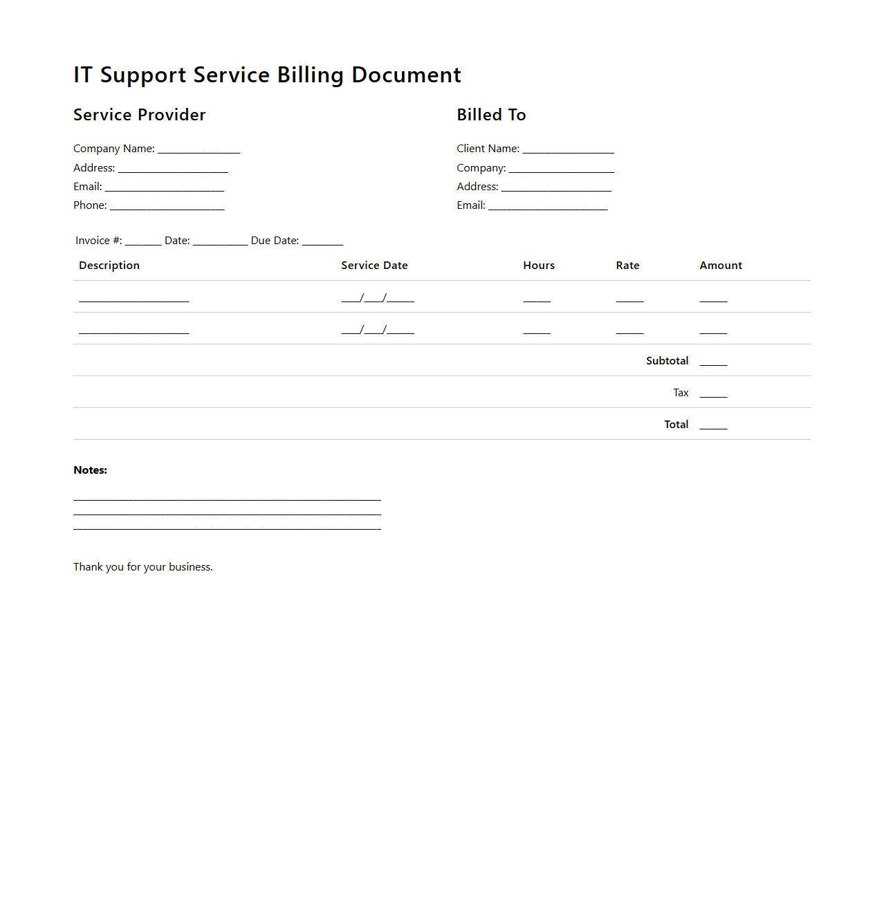 IT Support Service Billing Document