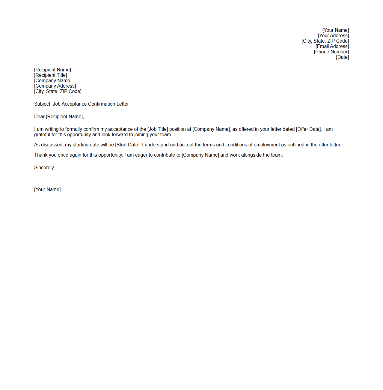 Job Acceptance Confirmation Letter