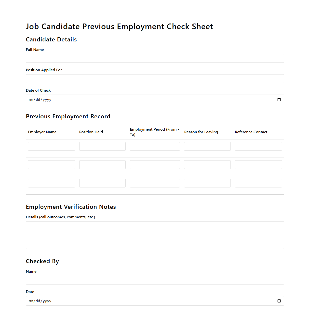 Job Candidate Previous Employment Check Sheet