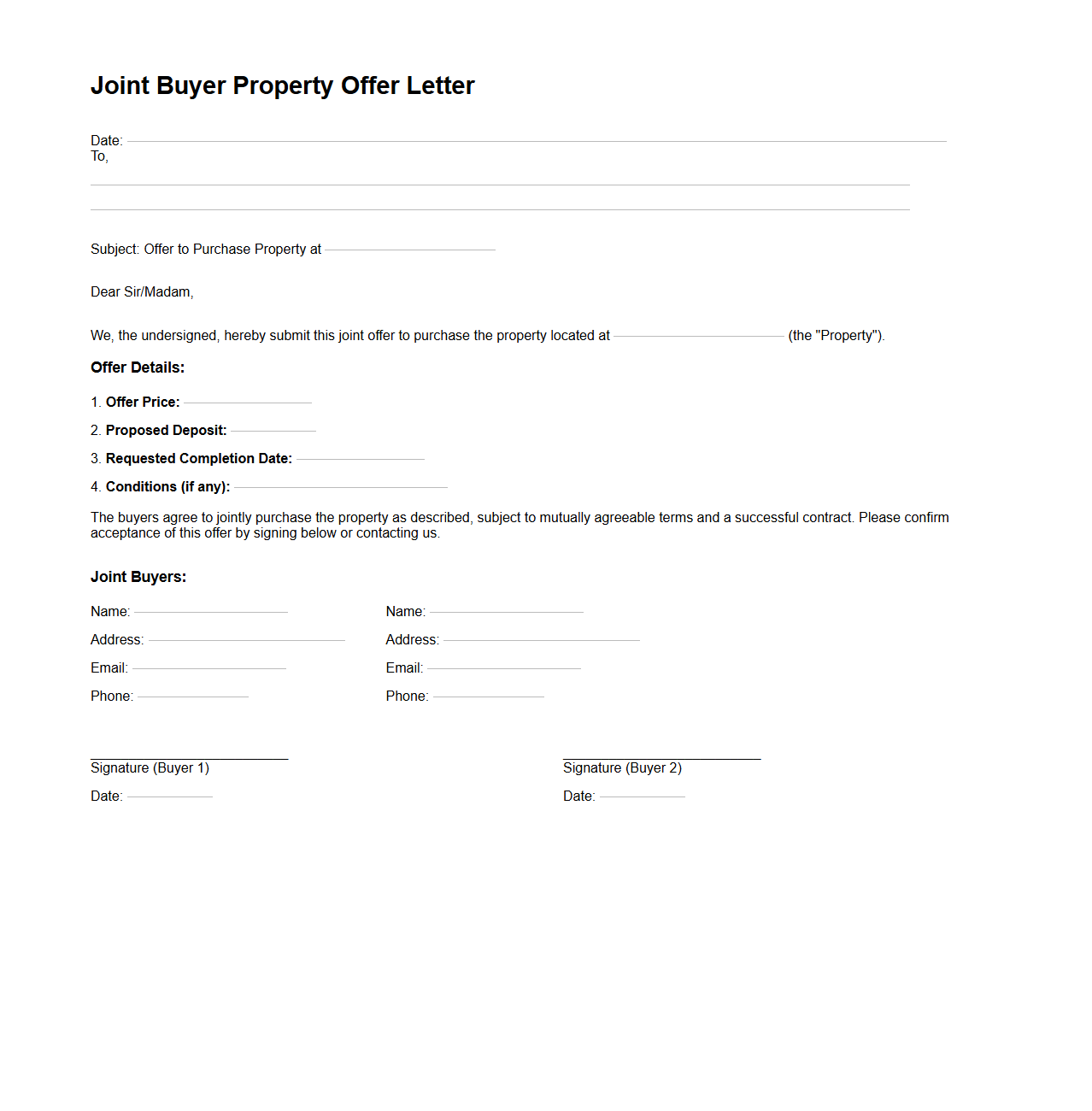 Joint Buyer Property Offer Letter Format