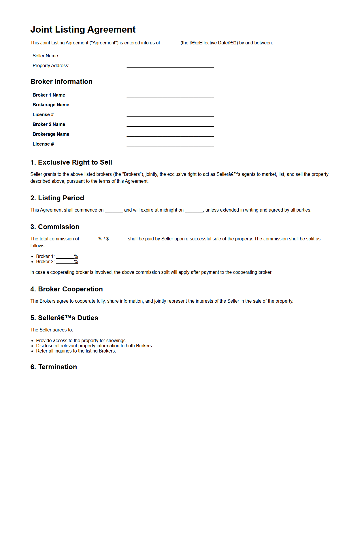 Joint Listing Agreement Document for Multiple Brokers