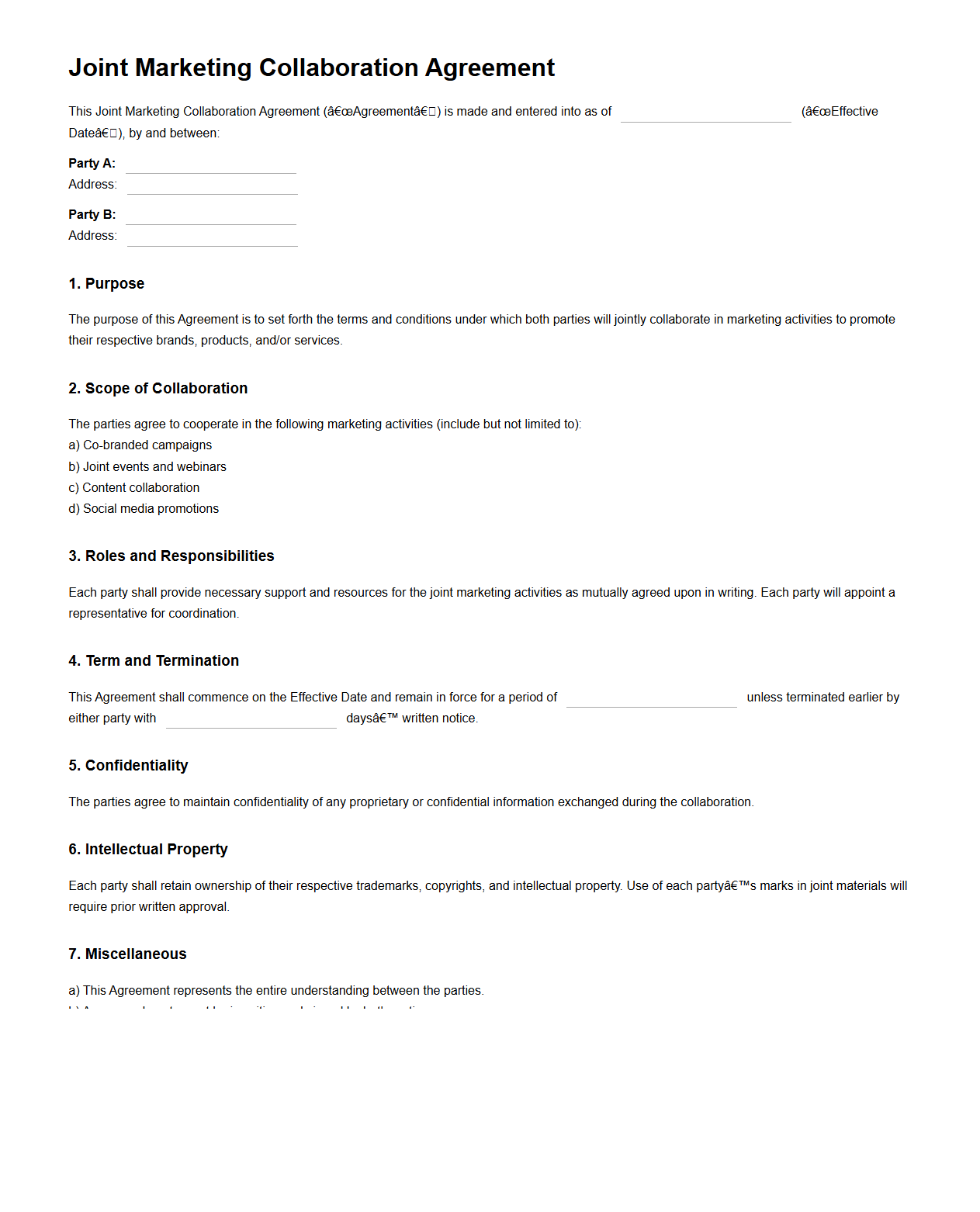 Joint Marketing Collaboration Agreement Format