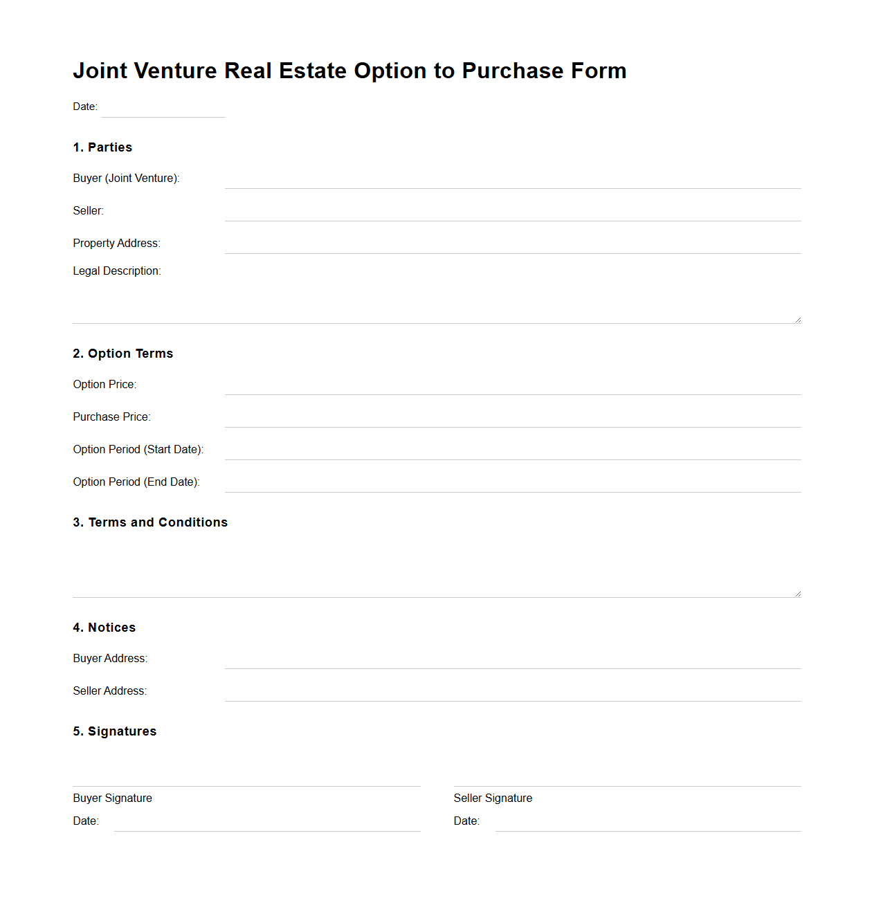 Joint Venture Real Estate Option to Purchase Form