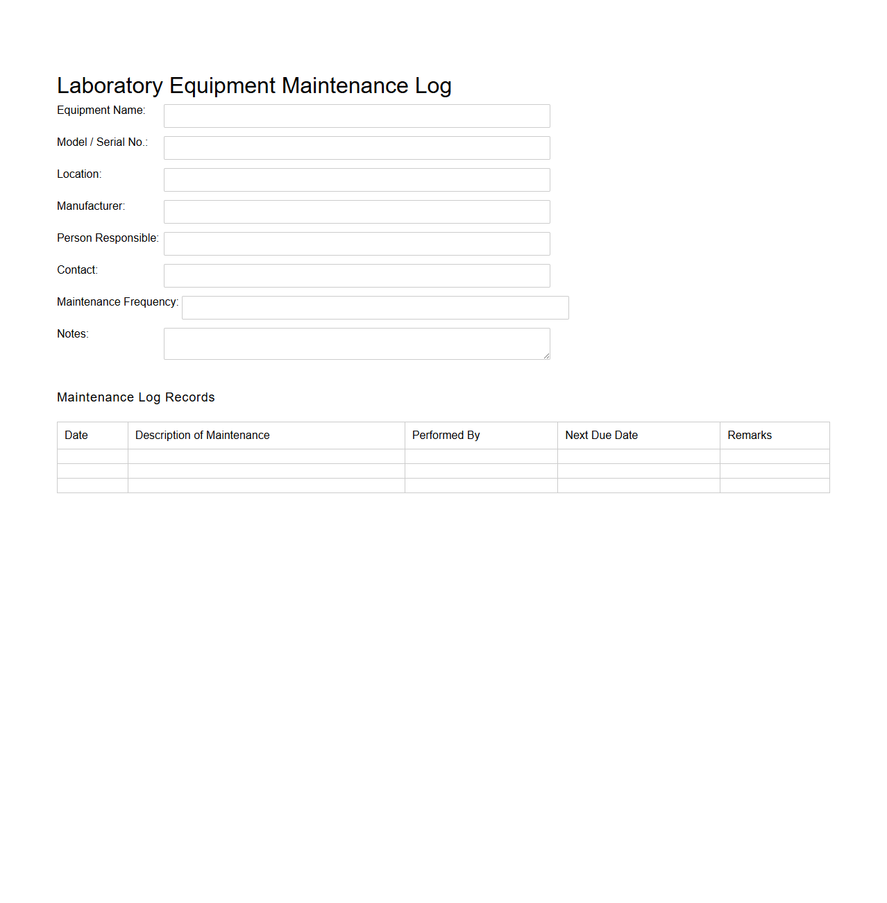 Laboratory Equipment Maintenance Log Example