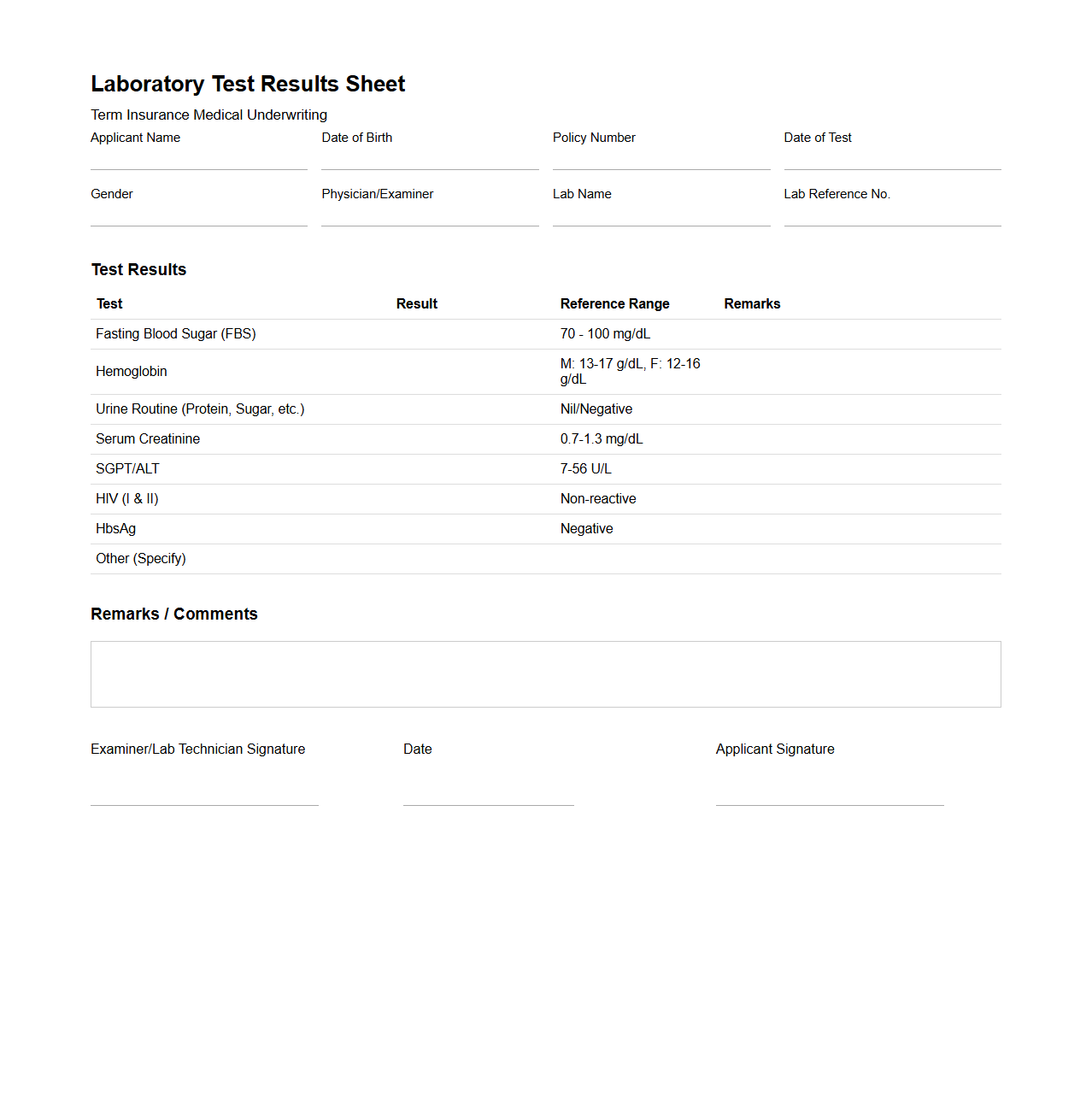Laboratory Test Results Sheet for Term Insurance Medical Underwriting