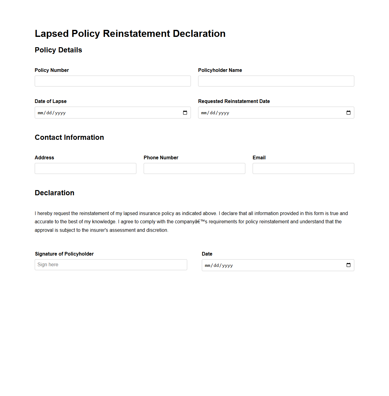 Lapsed Policy Reinstatement Declaration Template