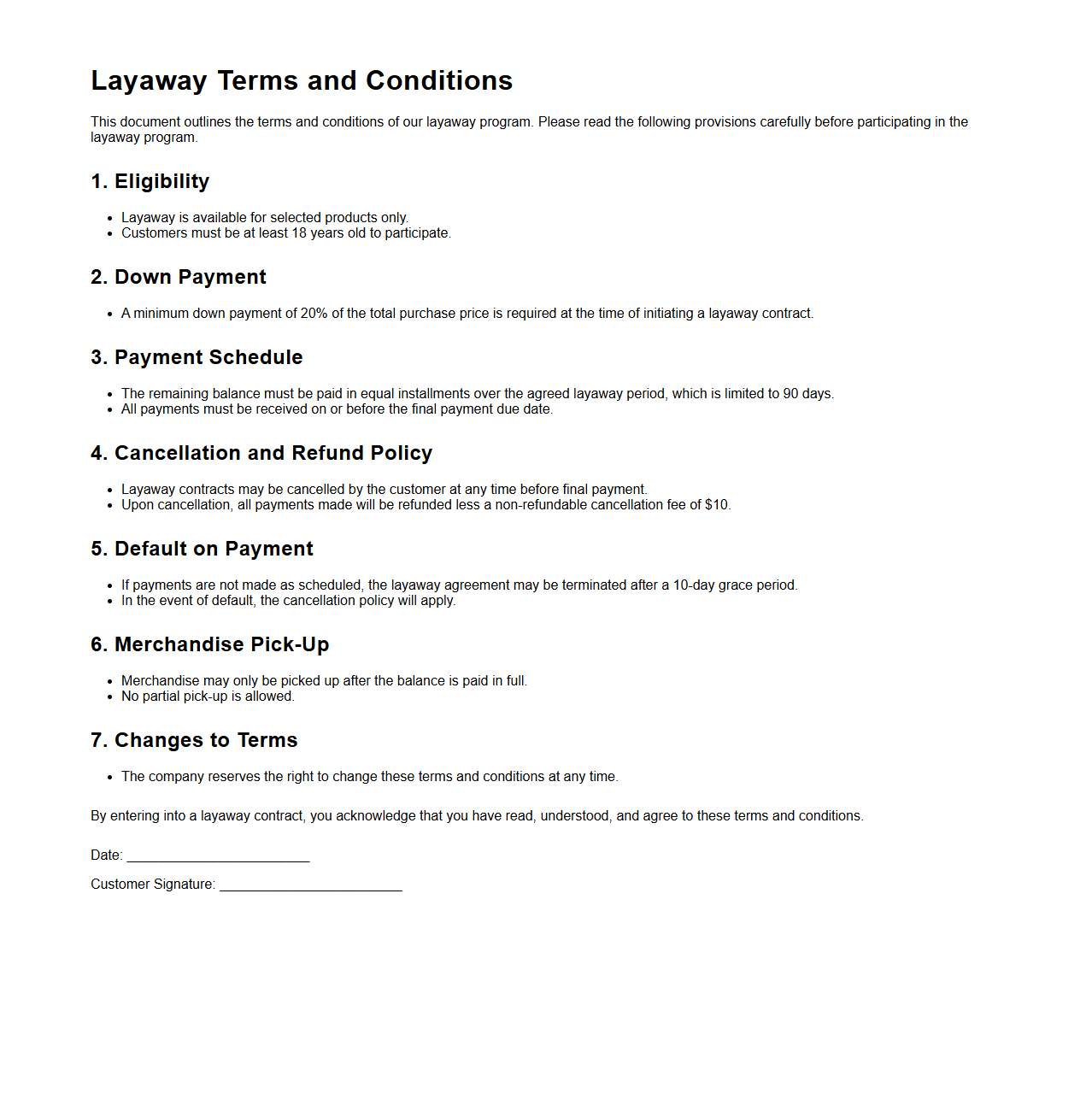 Layaway Terms and Conditions Document Sample