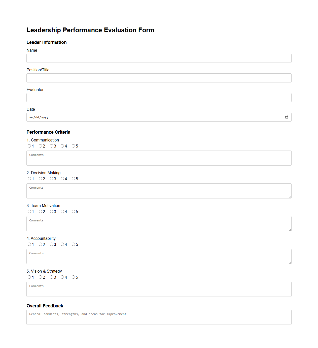 Leadership Performance Evaluation Form