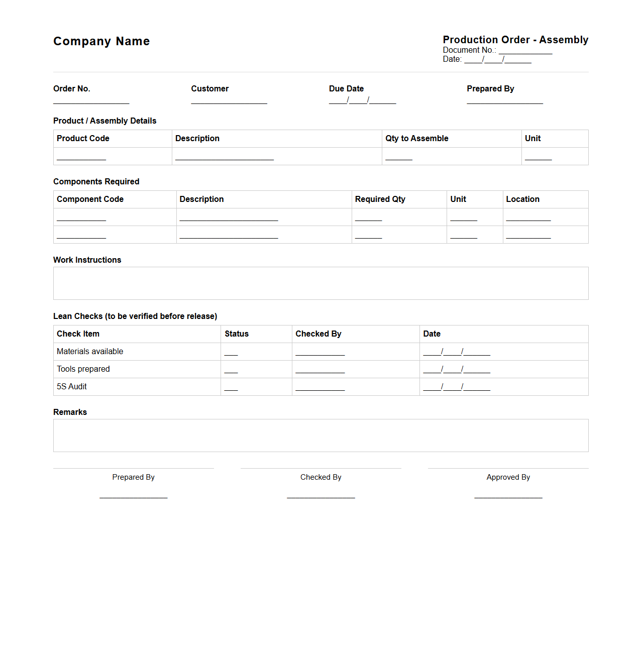 Lean Manufacturing Production Order for Assembly Process