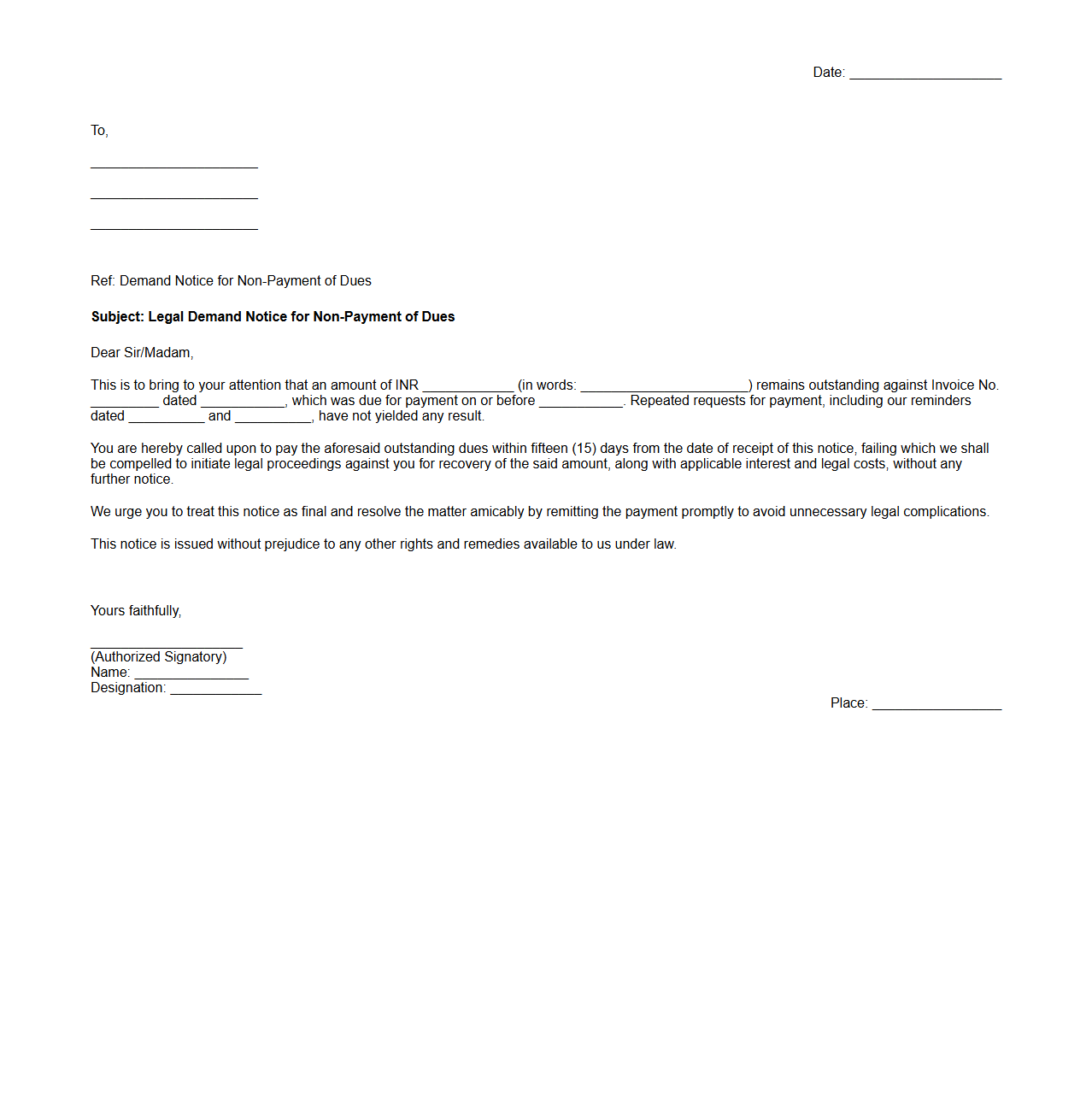 Legal Demand Notice for Non-Payment of Dues