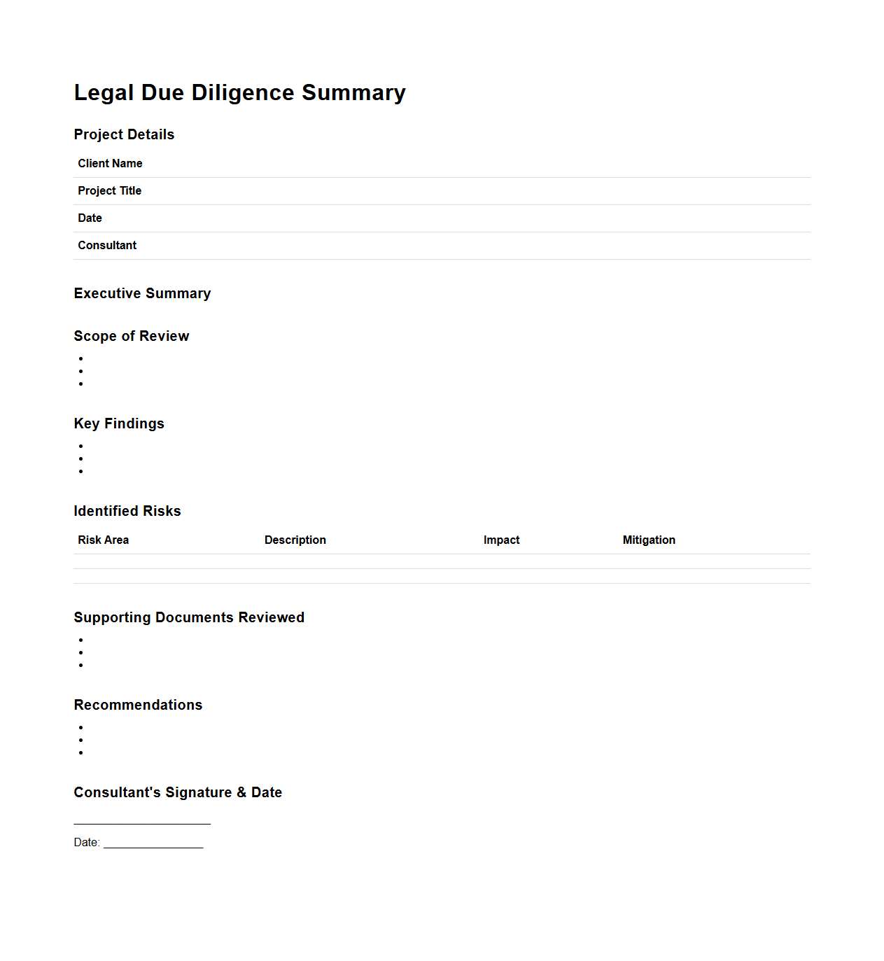Legal Due Diligence Summary Template for Consulting