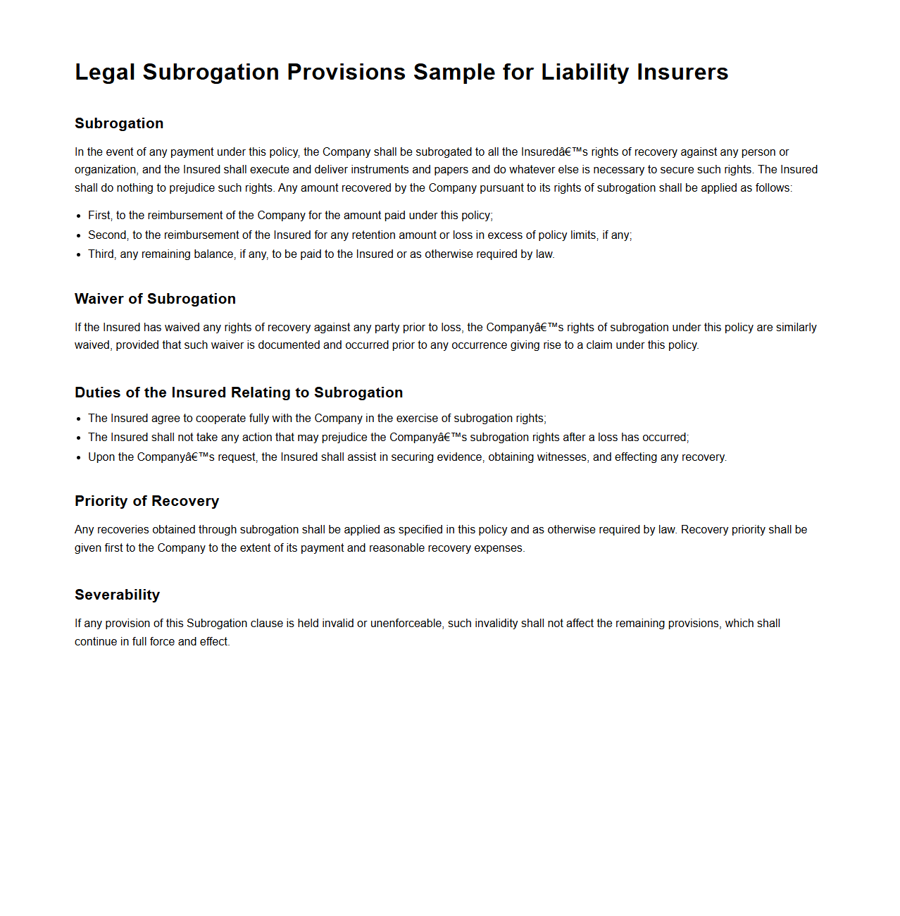Legal Subrogation Provisions Sample for Liability Insurers