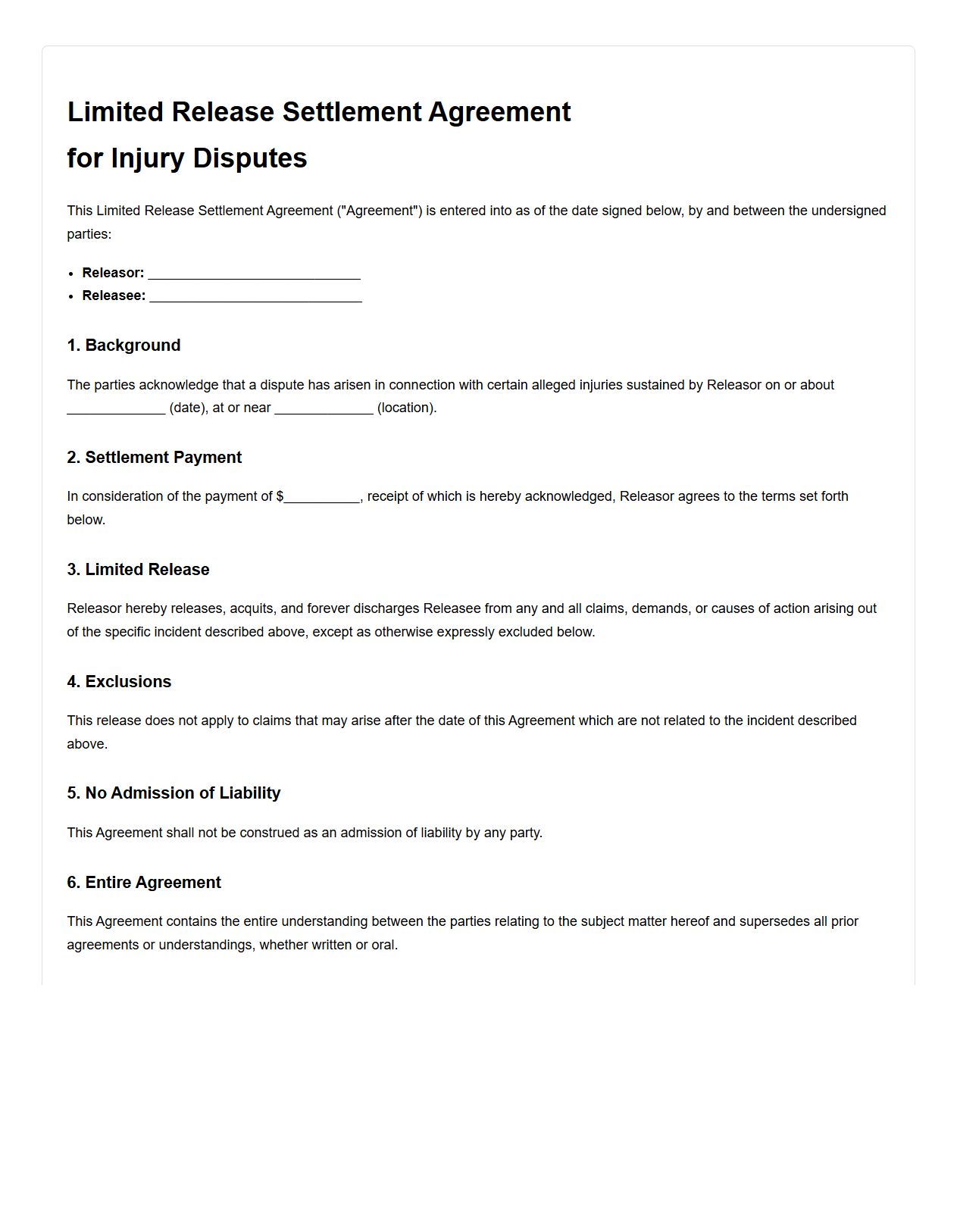 Limited Release Settlement Agreement for Injury Disputes
