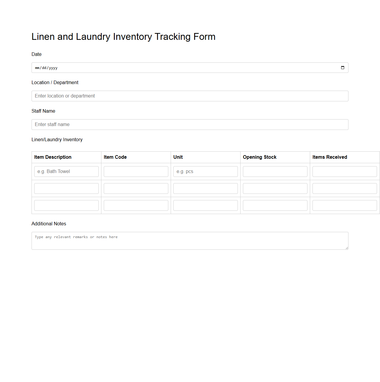Linen and Laundry Inventory Tracking Form