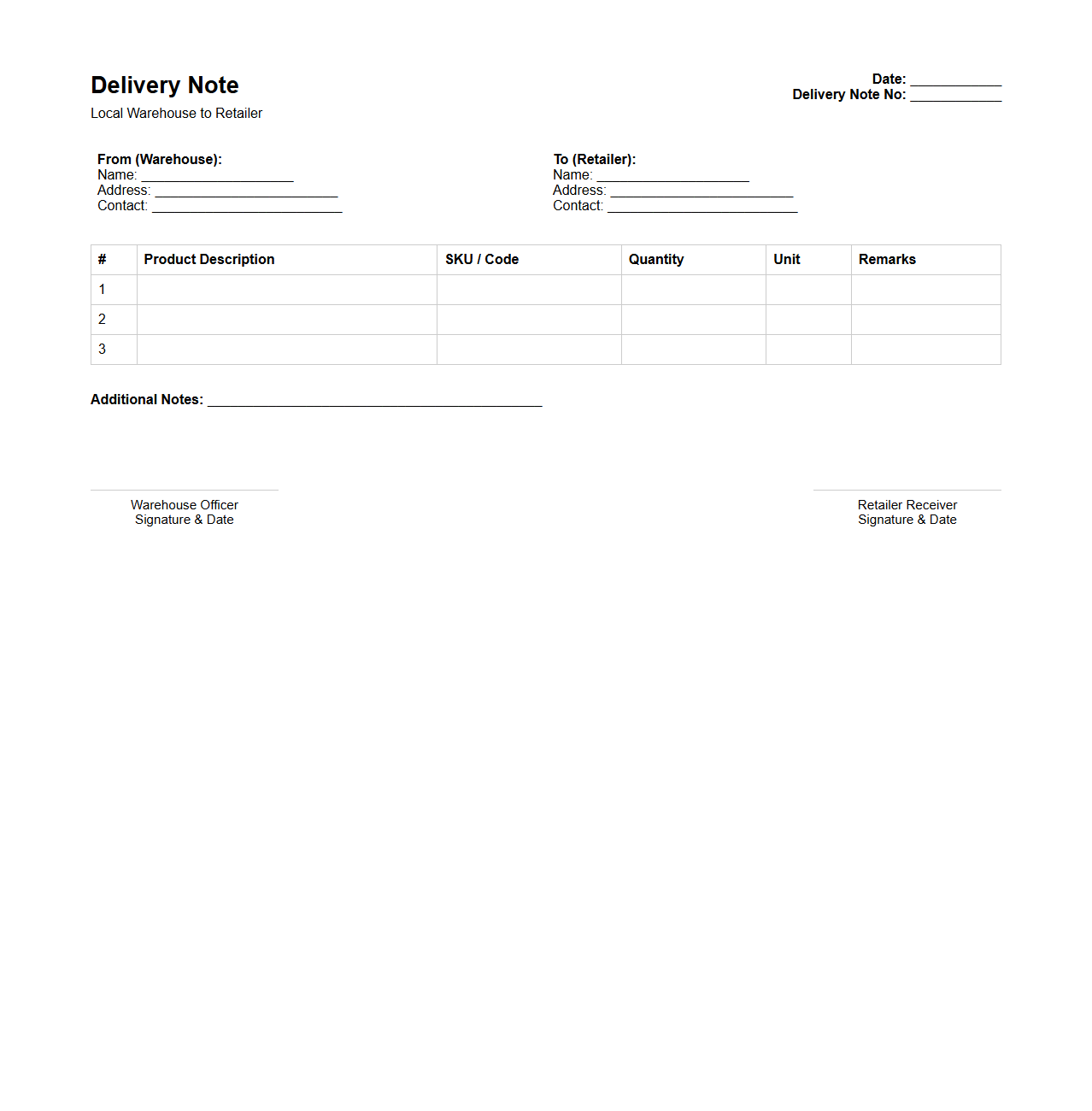 Local Warehouse to Retailer Delivery Note Structure