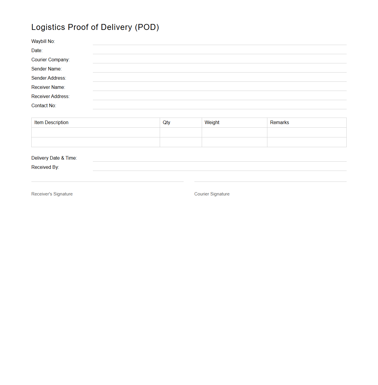 Logistics POD Format for Courier Services