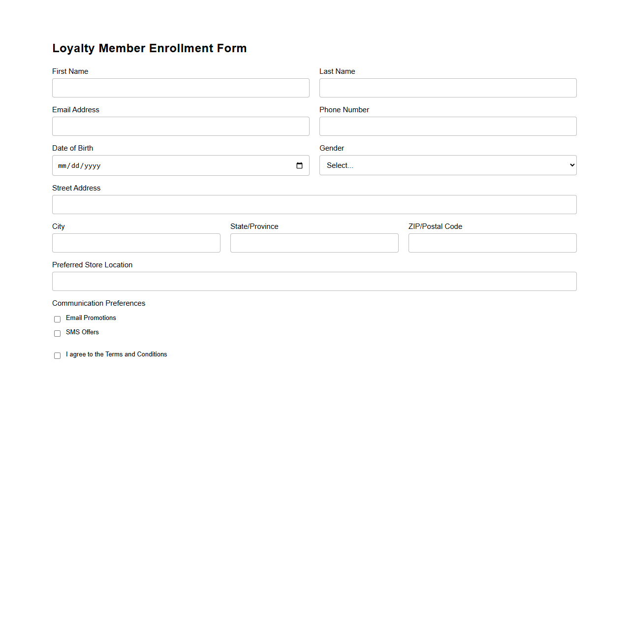 Loyalty Member Enrollment Form Example for Retail Stores