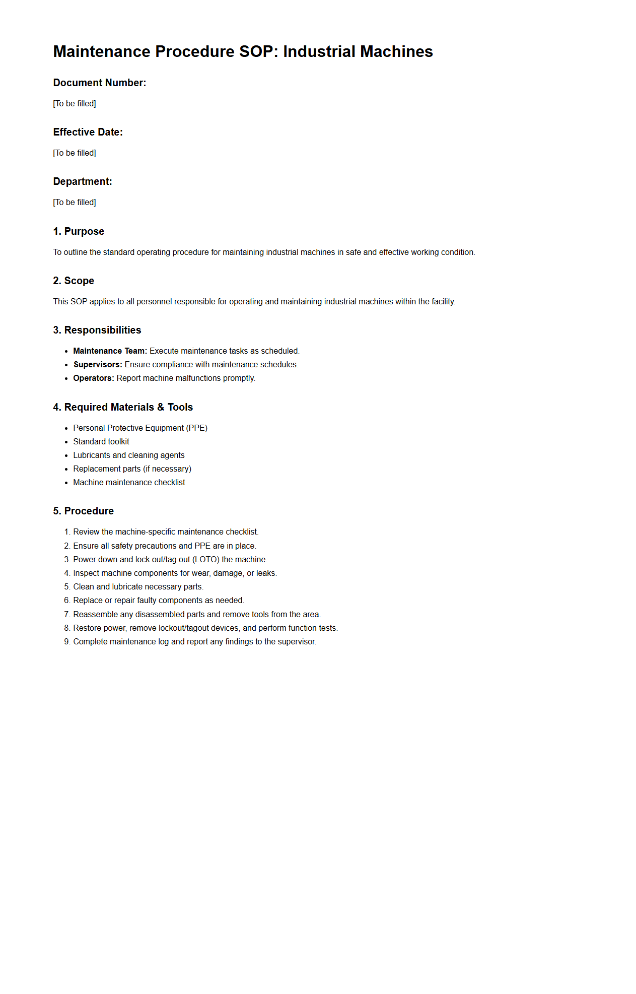 Maintenance Procedure SOP for Industrial Machines