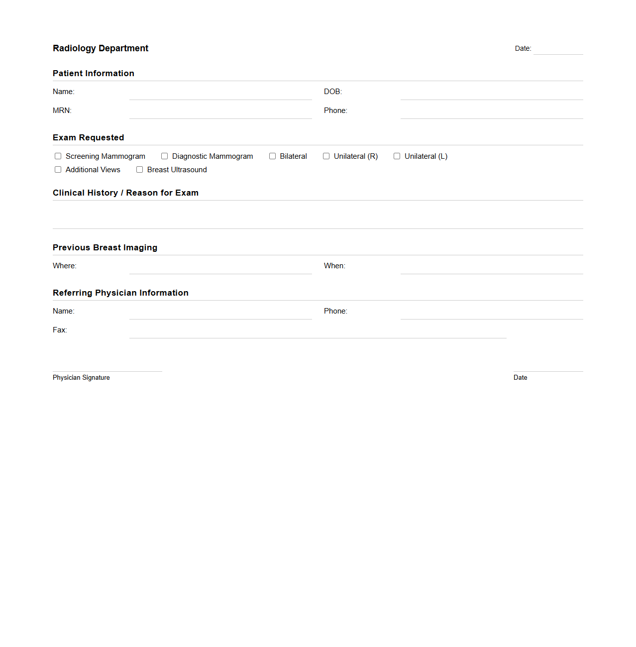 Mammography Exam Radiology Order Sheet Sample