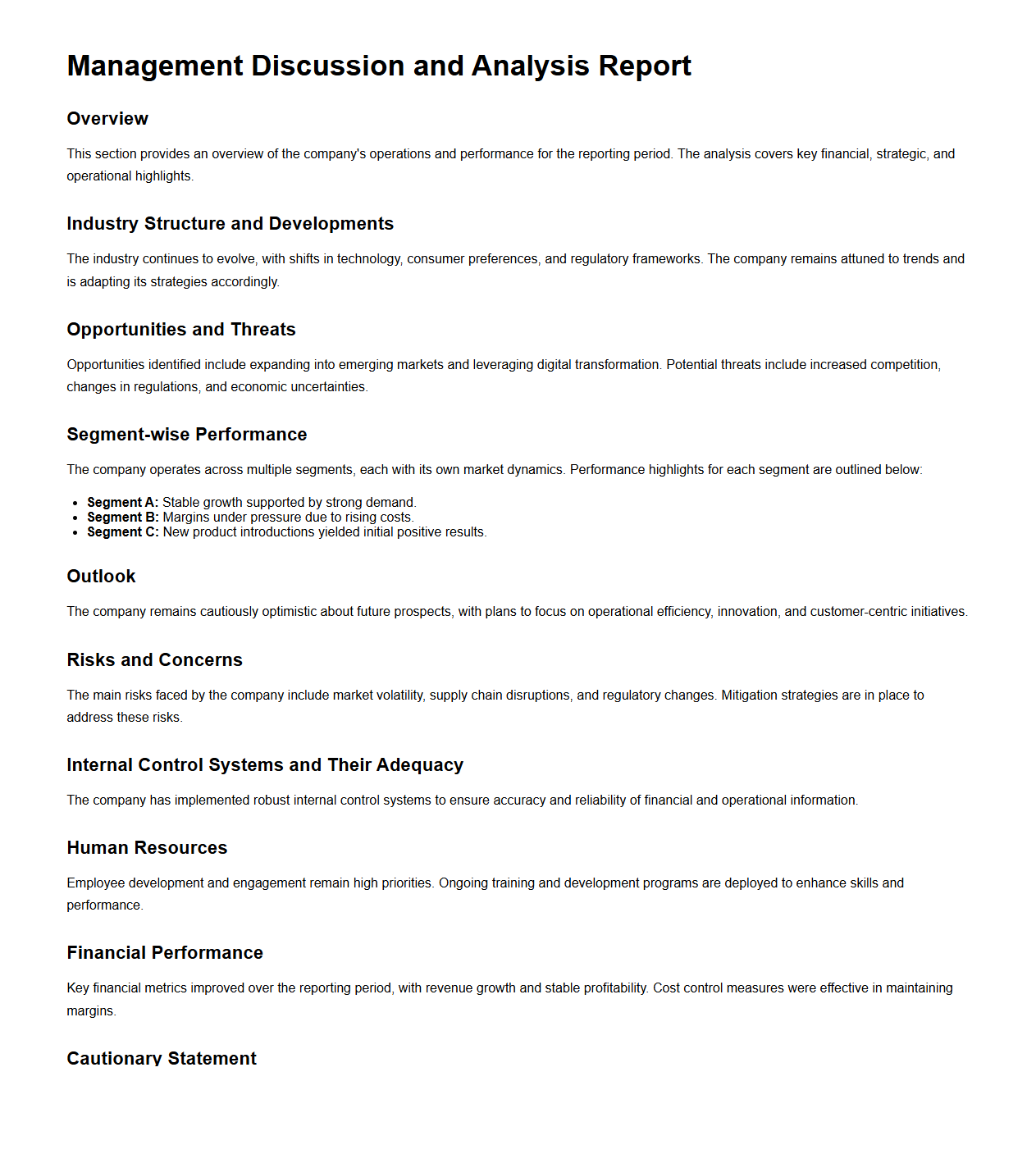 Management Discussion and Analysis Report