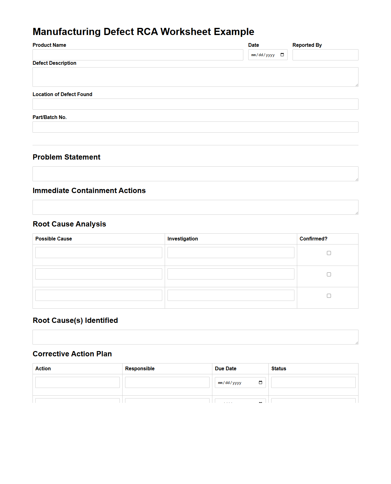 Manufacturing Defect RCA Worksheet Example