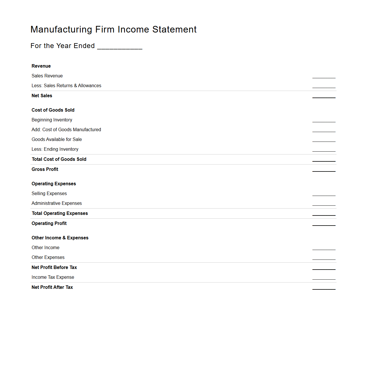 Manufacturing Firm Income Statement Template for Profit Analysis