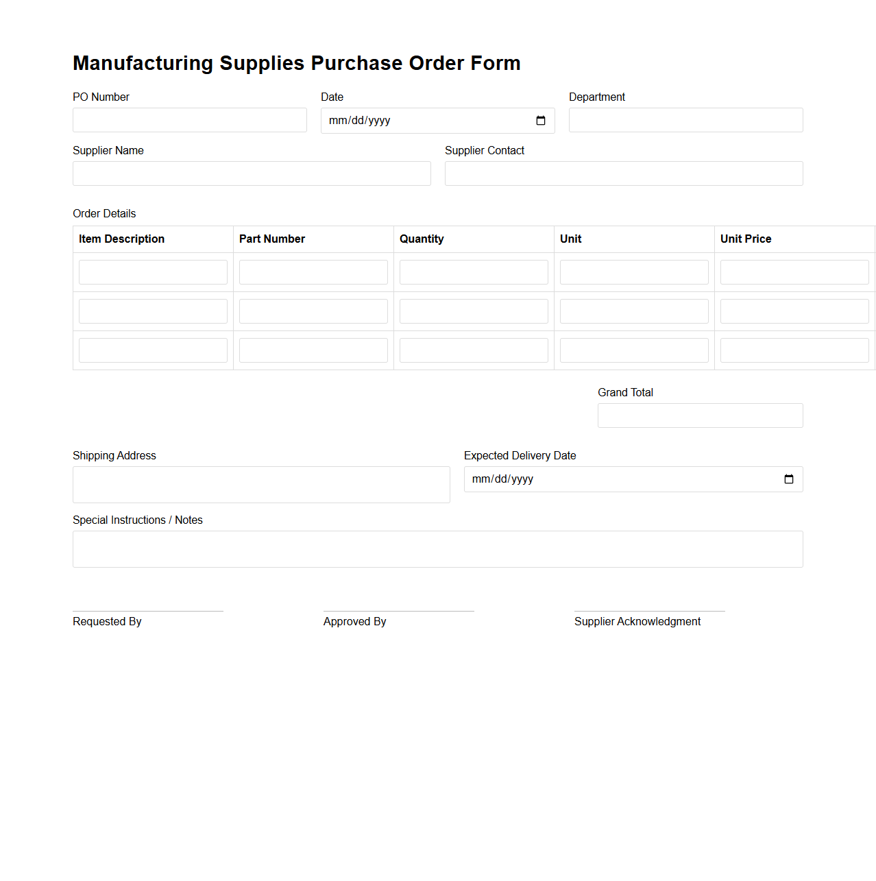 Manufacturing Supplies Purchase Order Form