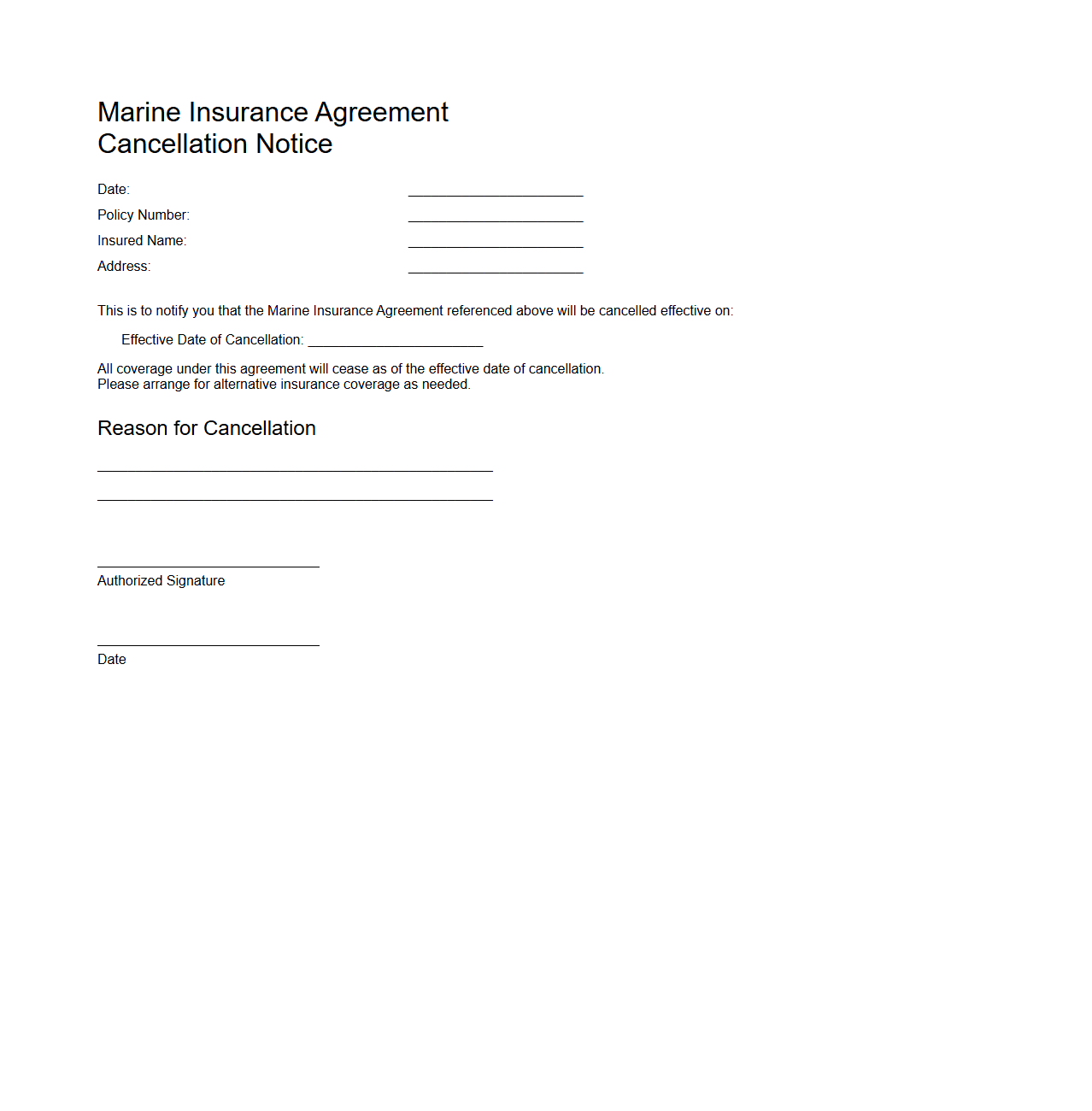 Marine Insurance Agreement Cancellation Notice Sample