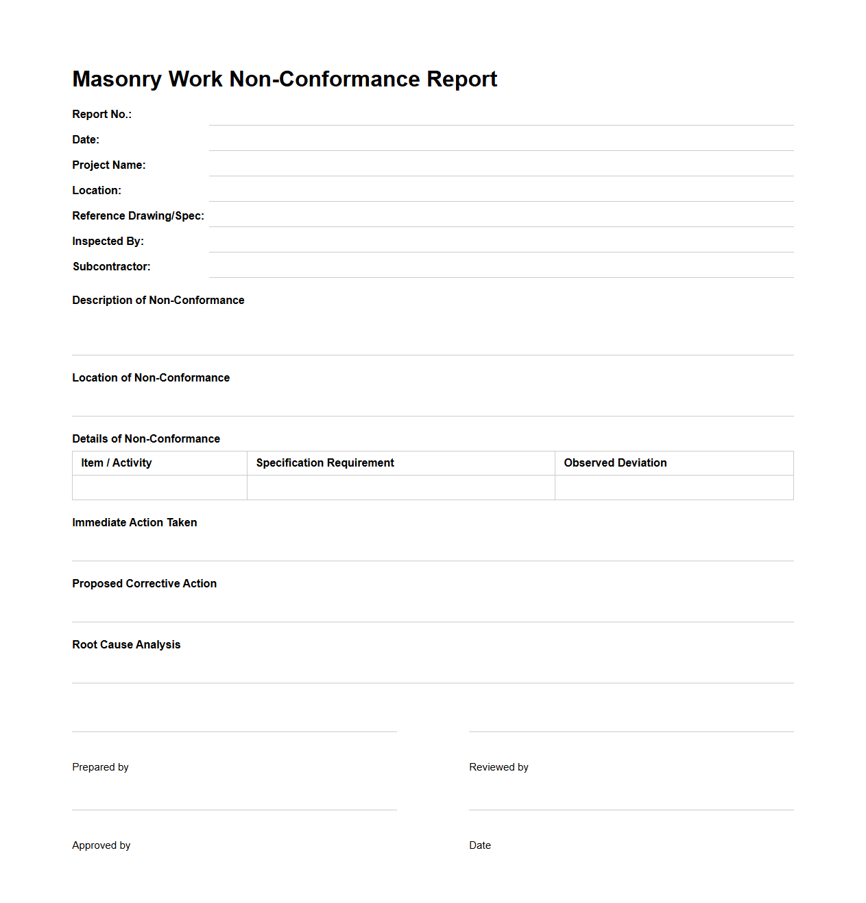Masonry Work Non-Conformance Report Sample