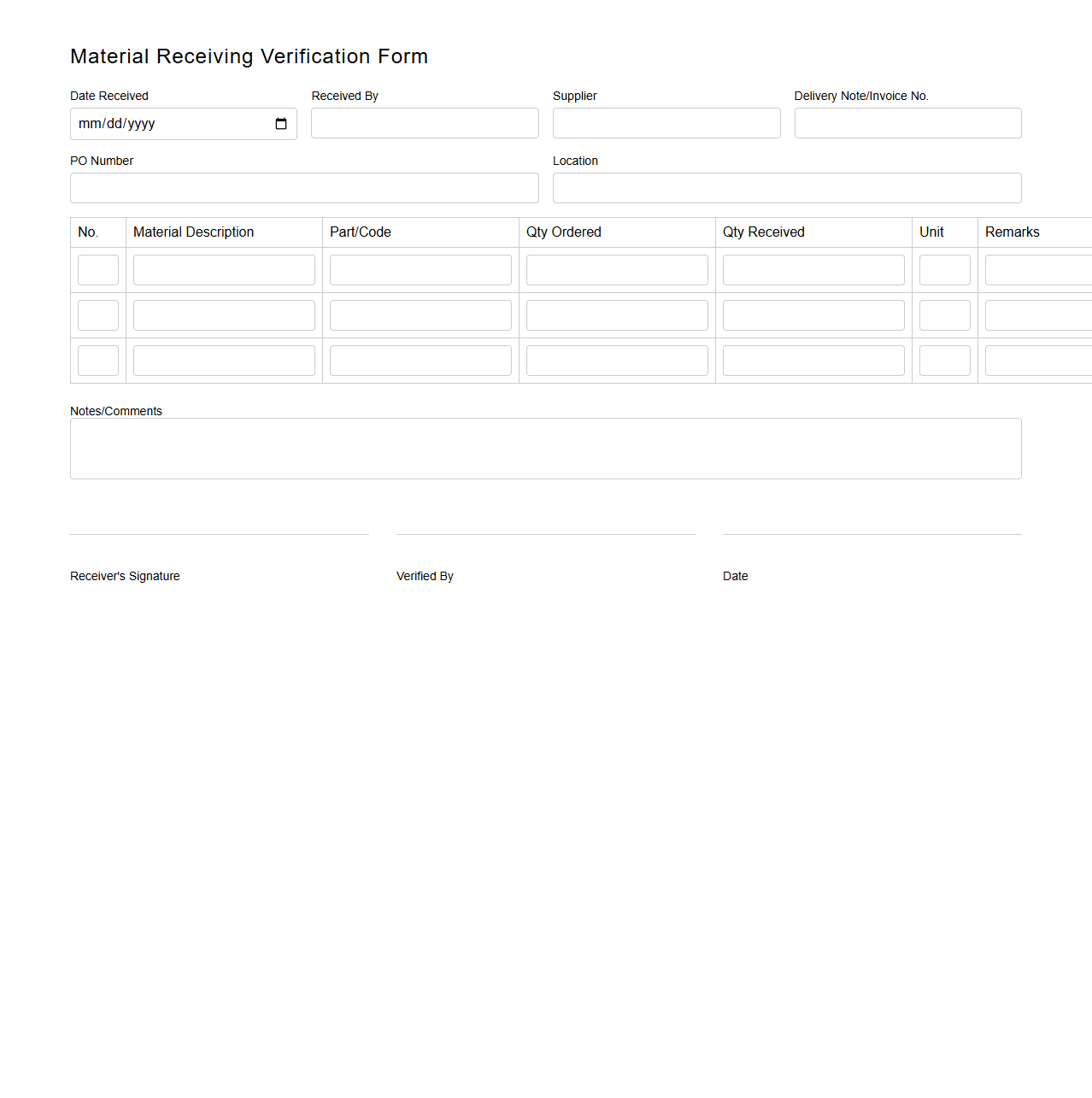 Material Receiving Verification Form