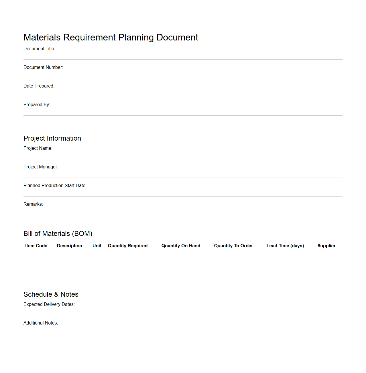 Materials Requirement Planning Document Template