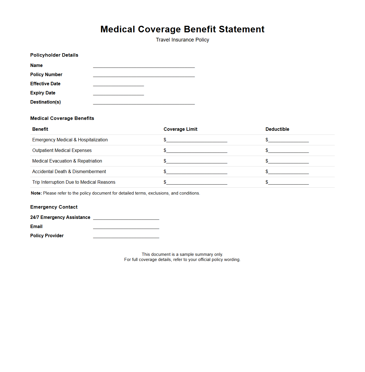 Medical Coverage Benefit Statement for Travel Insurance