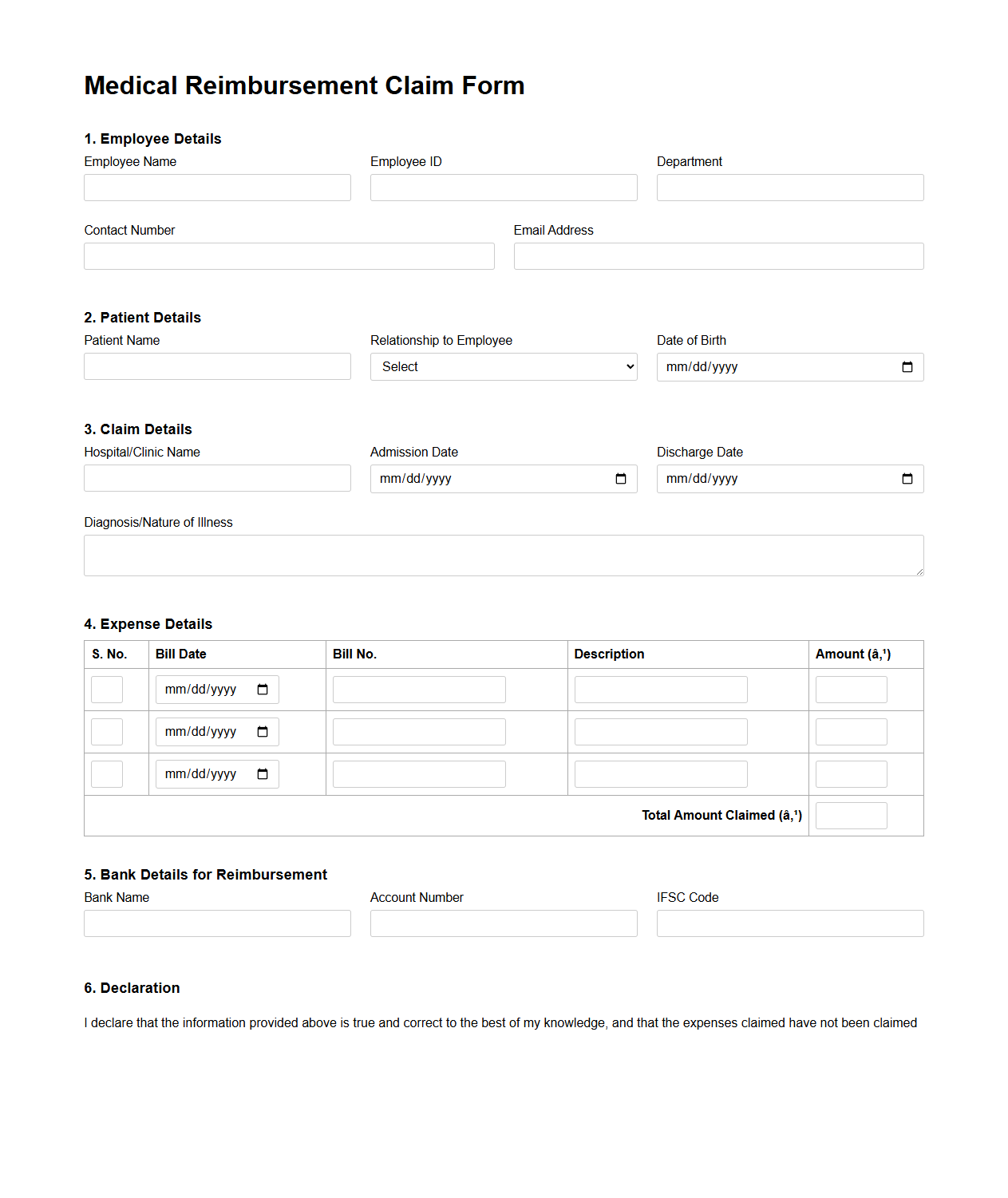 Medical Reimbursement Claim Form Example