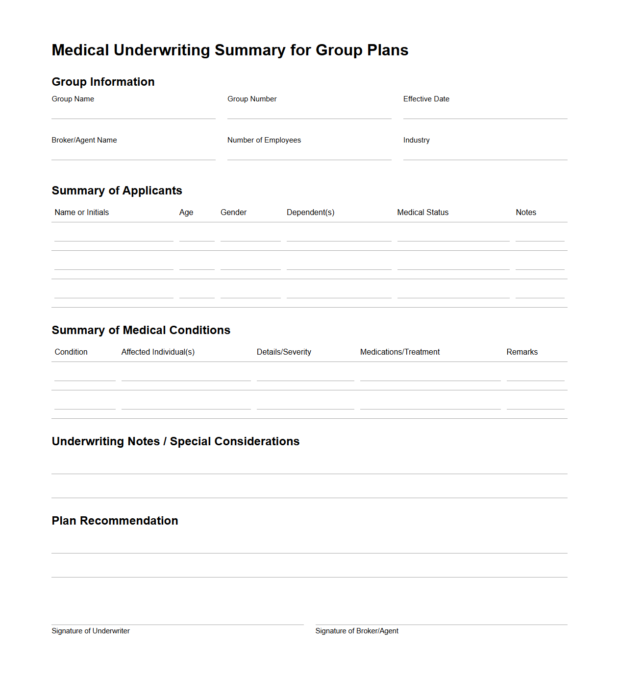 Medical Underwriting Summary for Group Plans