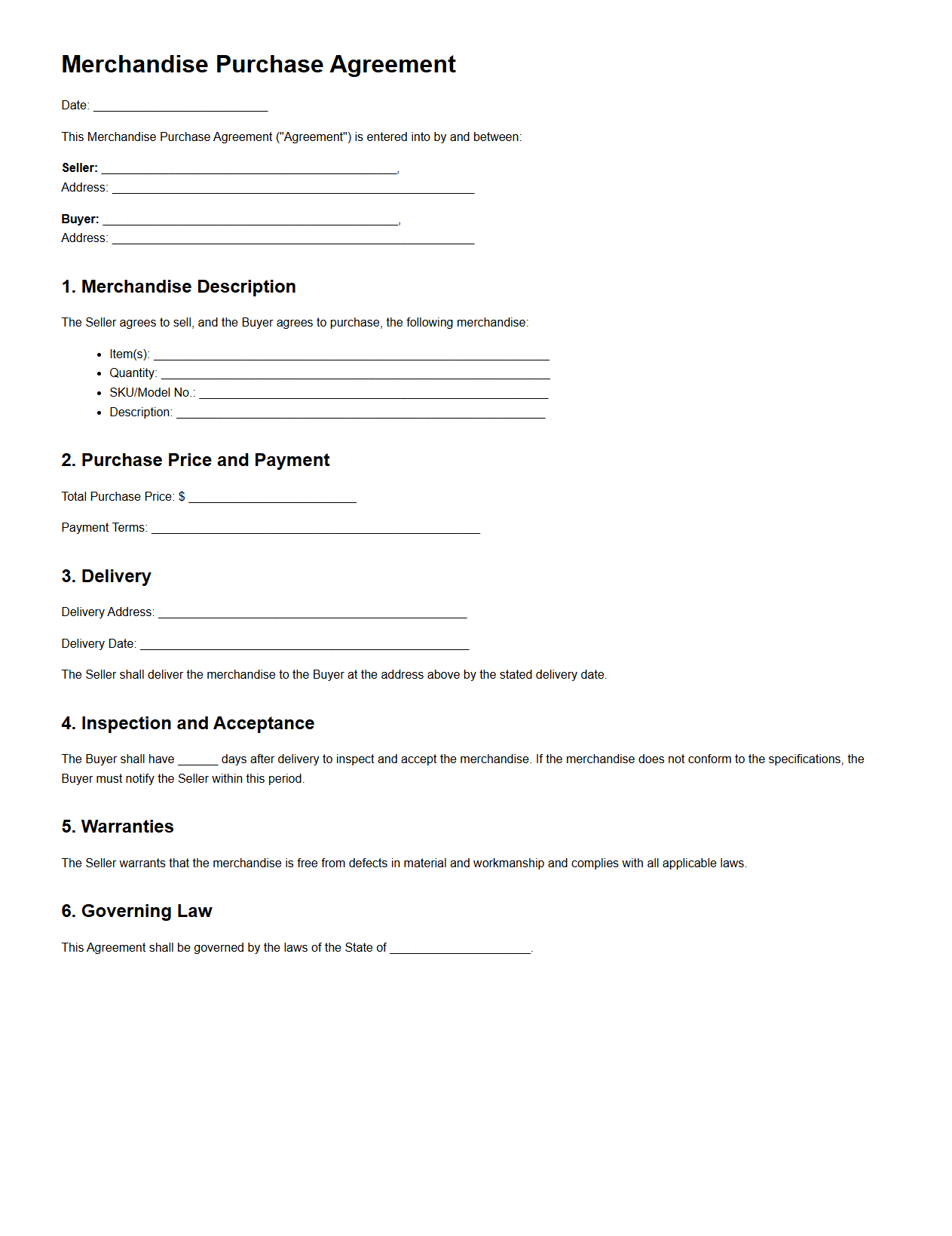 Merchandise Purchase Agreement Template for Stores