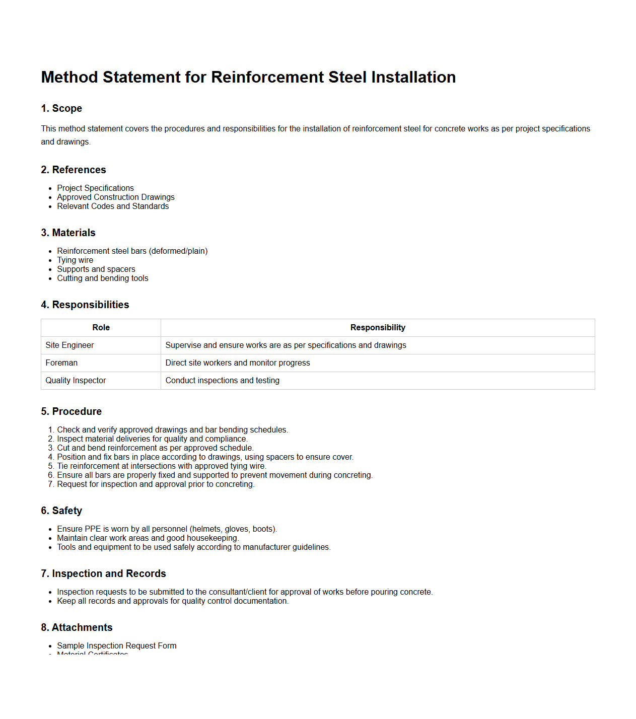 Method Statement for Reinforcement Steel Installation