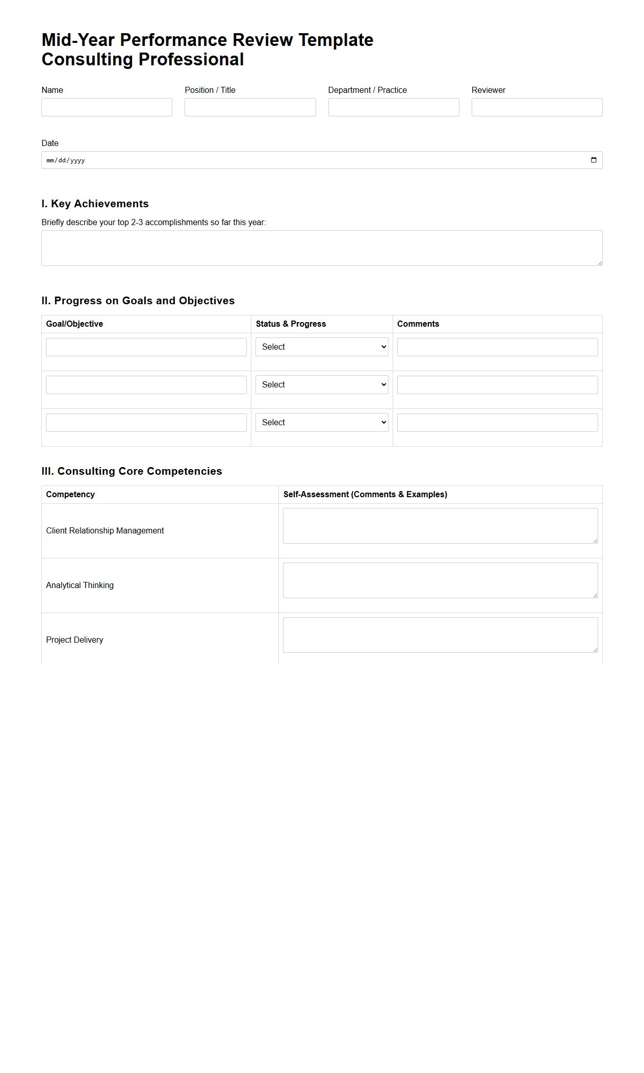 Mid-Year Performance Review Template for Consulting Professionals