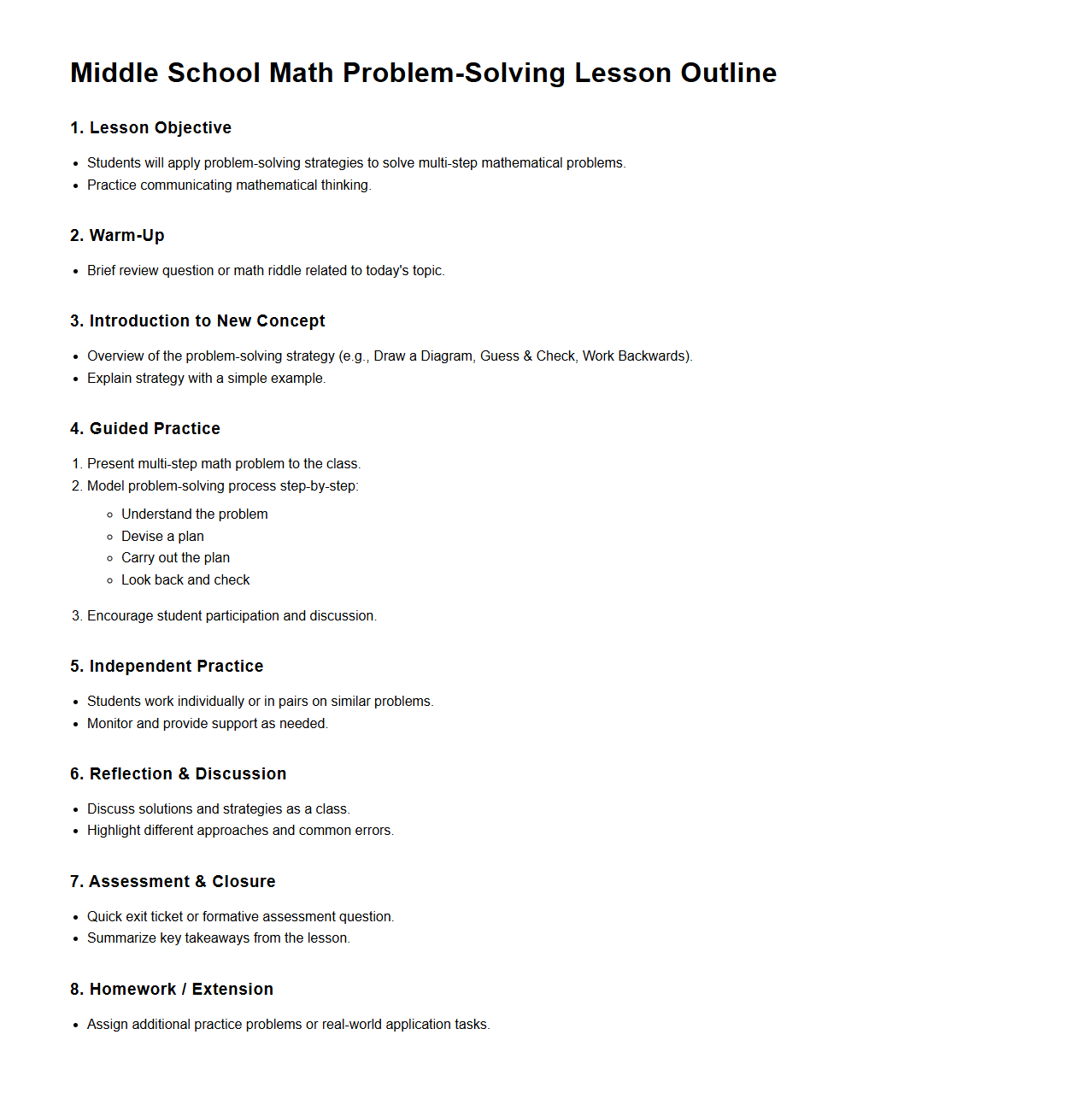 Middle School Math Problem-Solving Lesson Outline