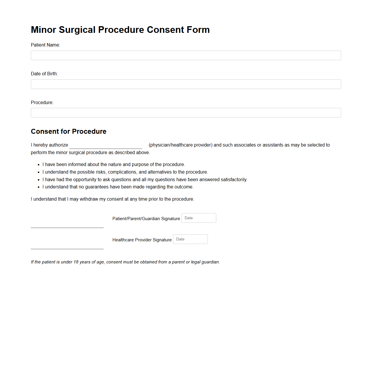 Minor Surgical Procedure Consent Sample