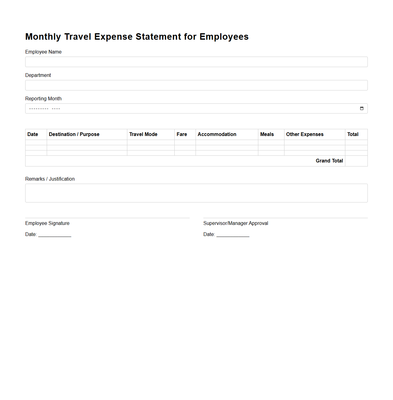 Monthly Travel Expense Statement for Employees