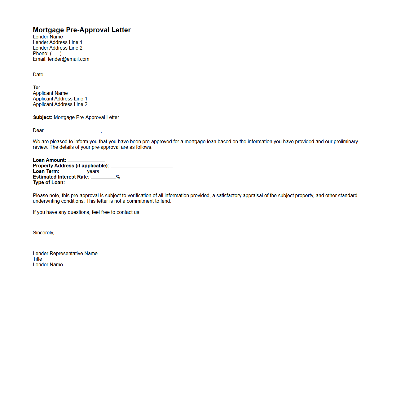 Mortgage Pre-Approval Letter Template