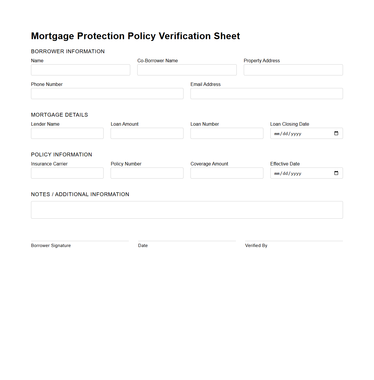 Mortgage Protection Policy Verification Sheet