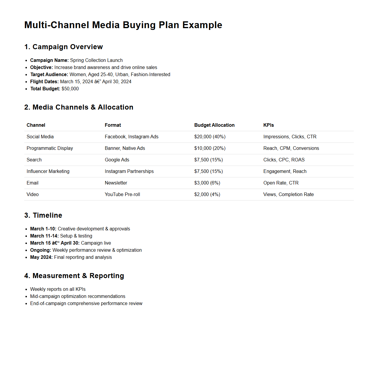 Multi-Channel Media Buying Plan Example