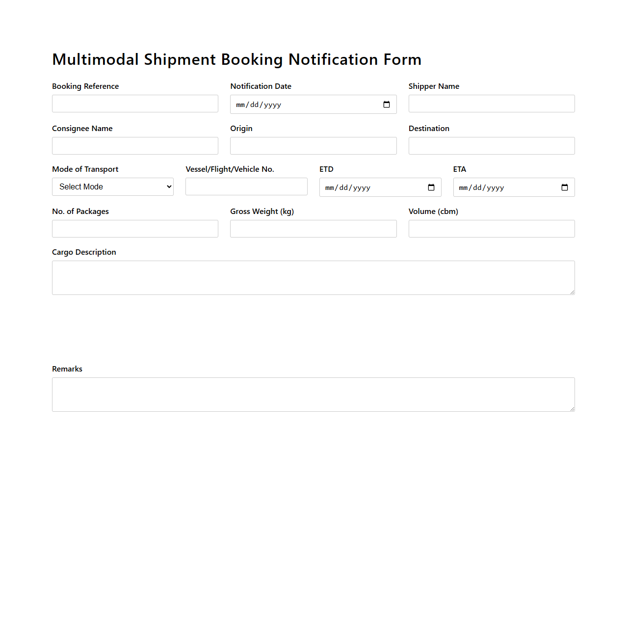Multimodal Shipment Booking Notification Form