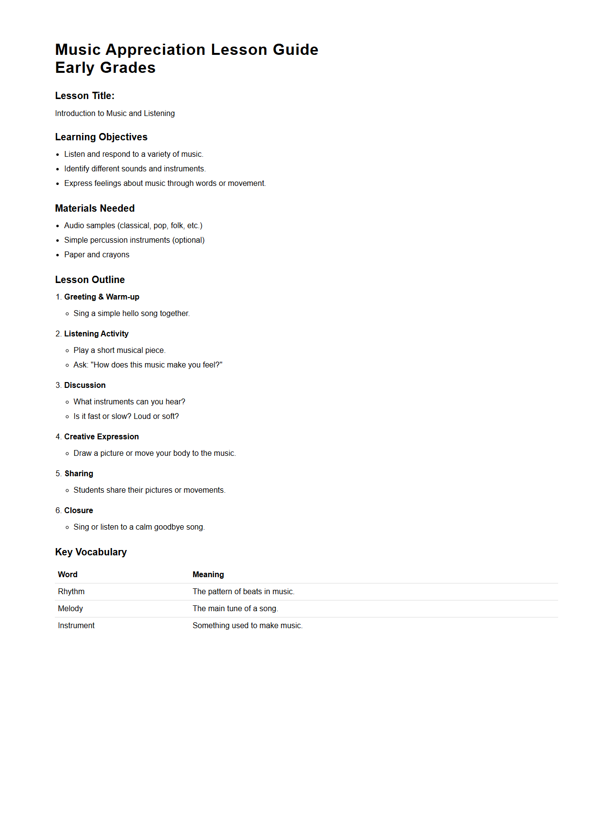 Music Appreciation Lesson Guide for Early Grades