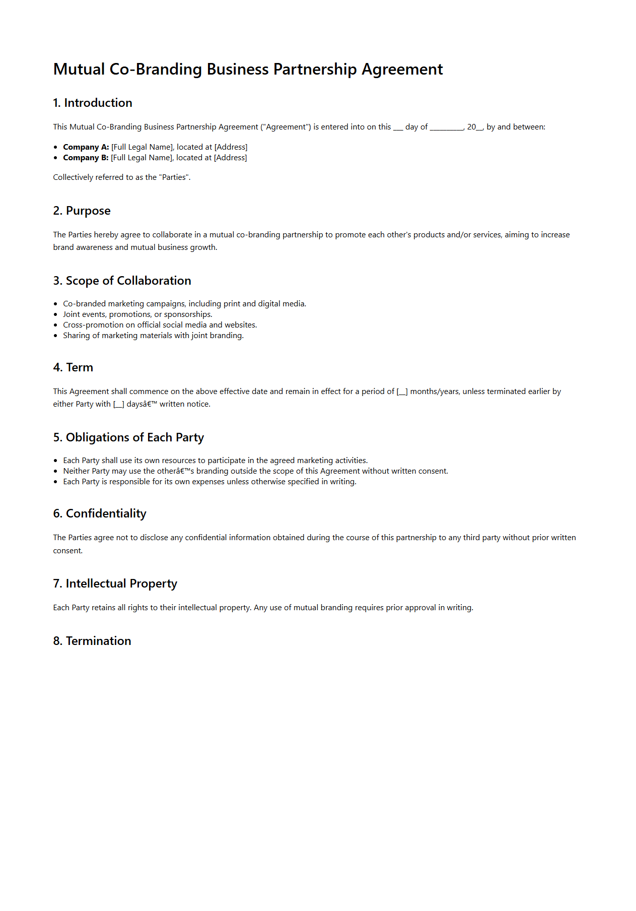 Mutual Co-Branding Business Partnership Sample