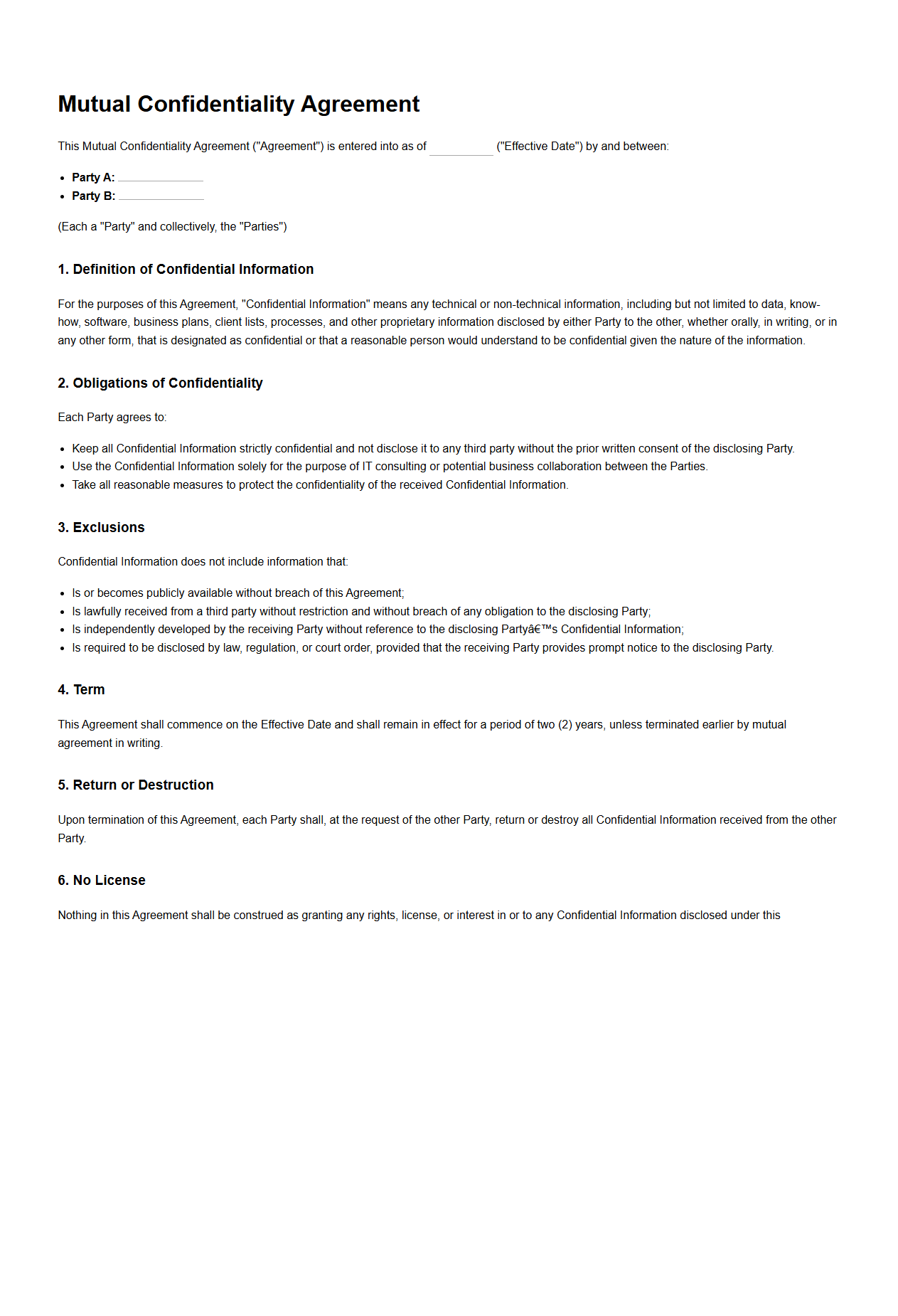 Mutual Confidentiality Agreement for IT Consulting